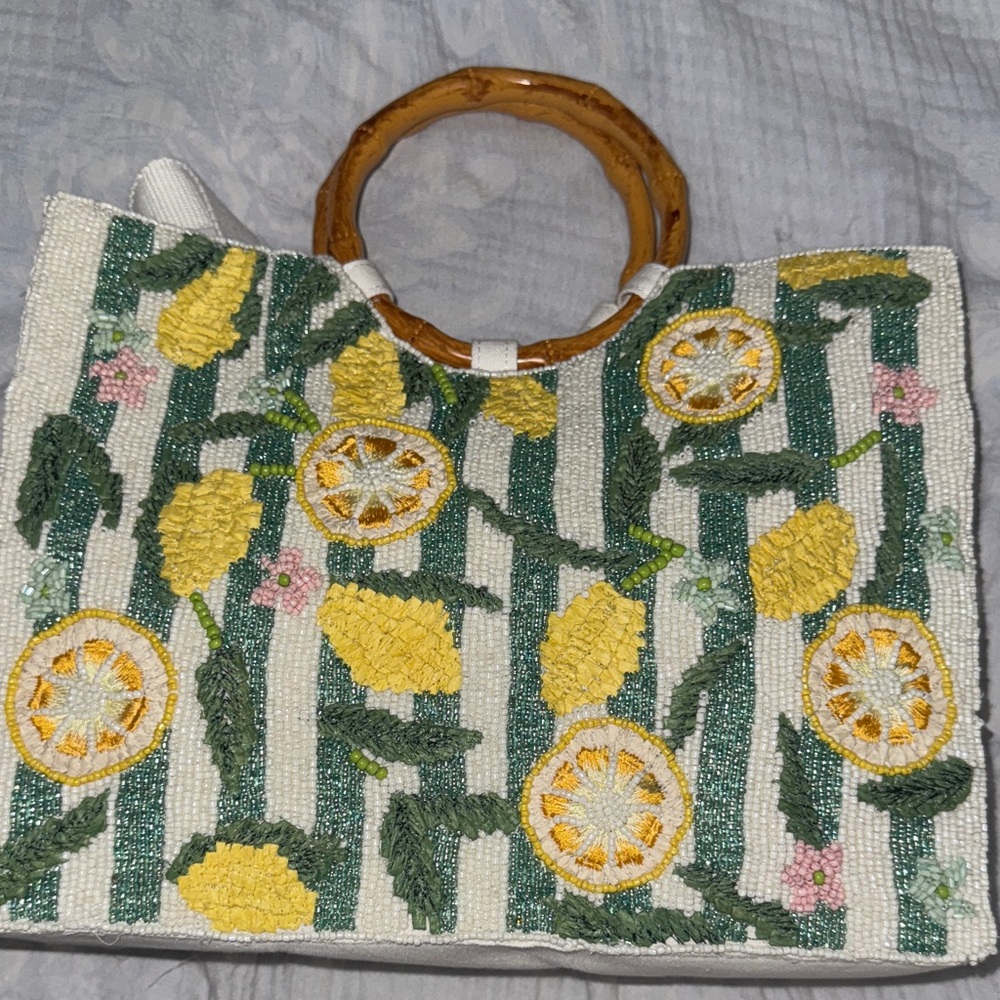 Lemon Beaded  Tote Bag with Bamboo Handles